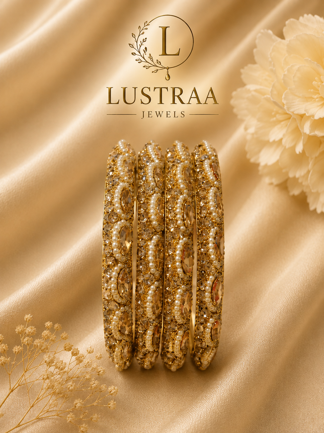 Golden Pearl & Champagne Stone Designer Bangle Set