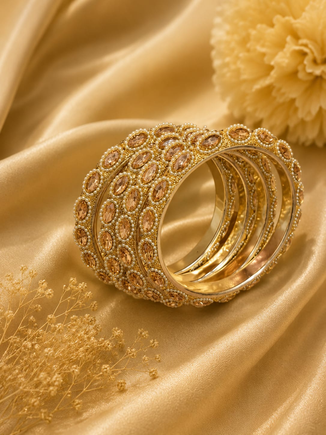 Golden Pearl & Champagne Stone Designer Bangle Set