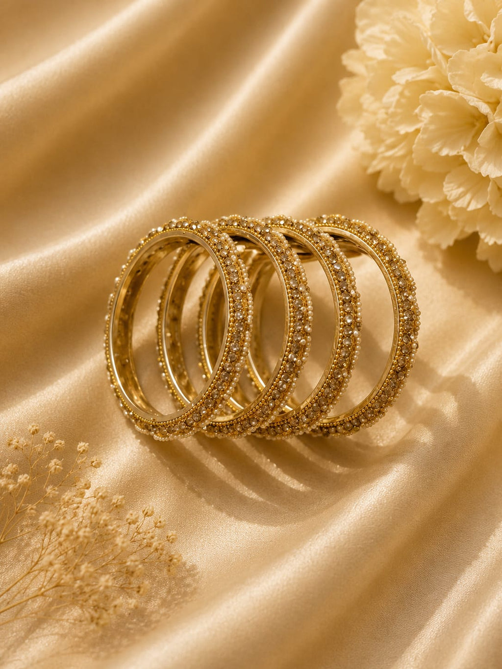 Golden Pearl & Champagne Stone Designer Bangle Set