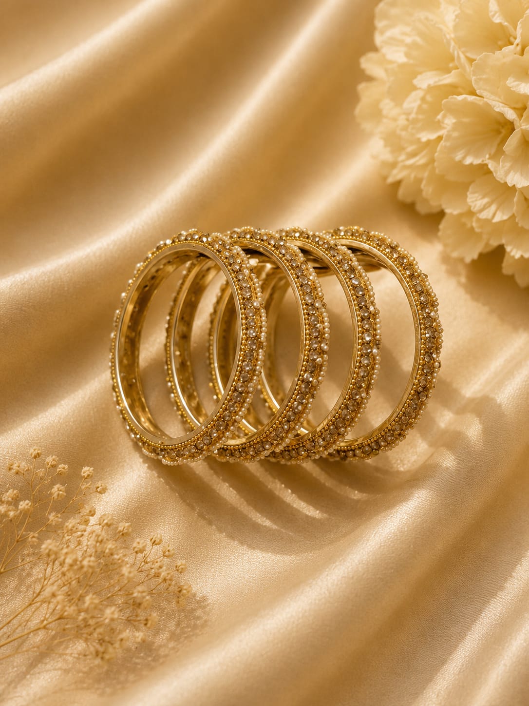 Golden Pearl & Champagne Stone Designer Bangle Set