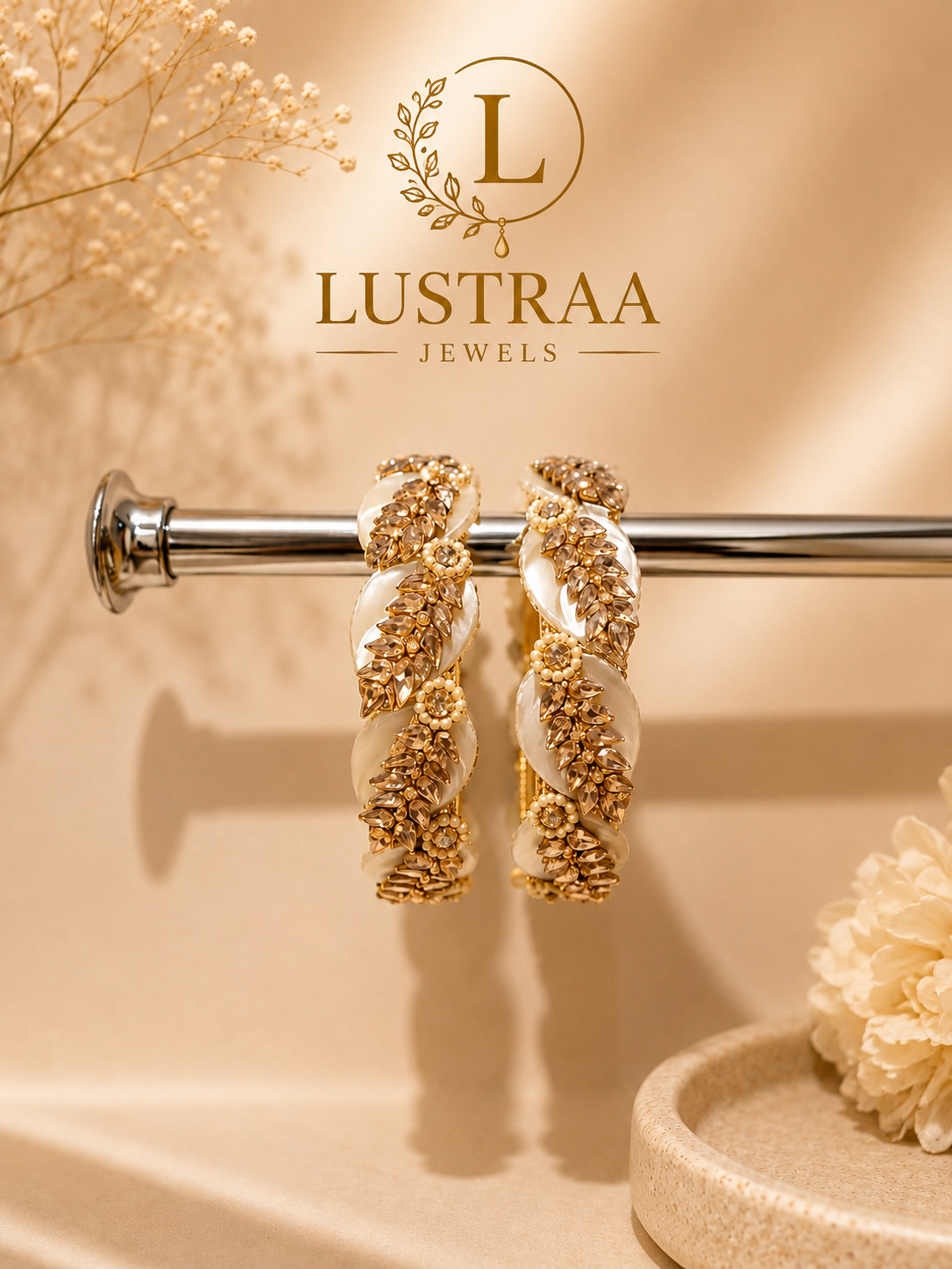 Ivory & Silver Leaf Designer Bangle Set