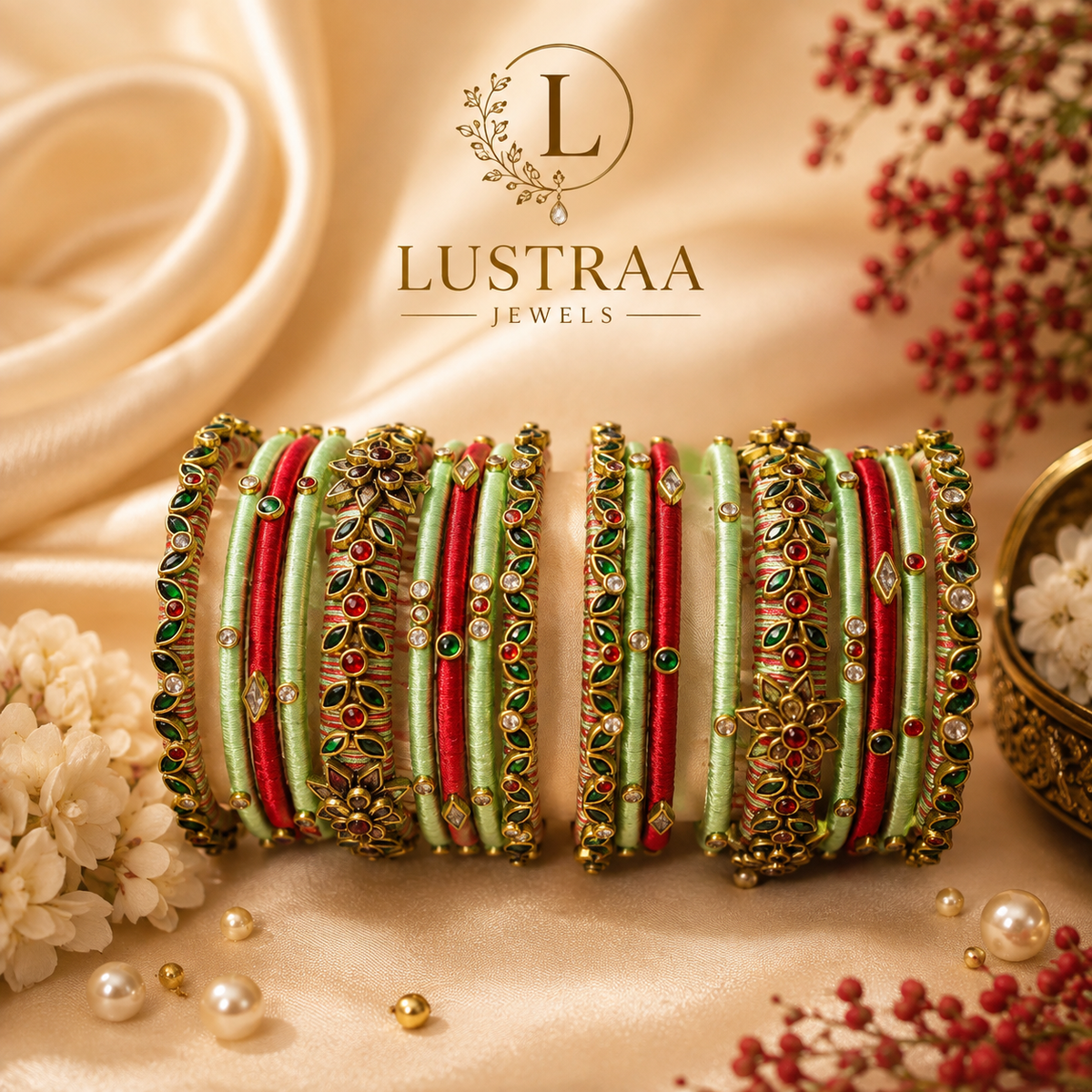 Mint Green & Red Floral Designer Bangle Set