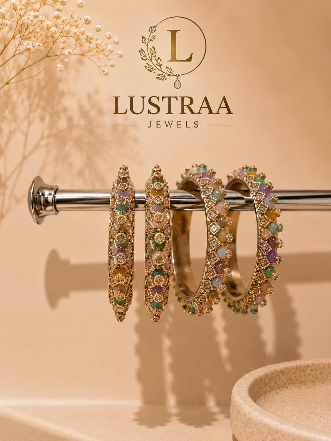 Multicolour Gemstone & Gold Designer Bangle Set